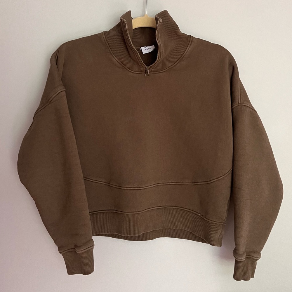 Outdoor Voices Cropped Army Green Sweatshirt with Zip Collar Size Extra Small